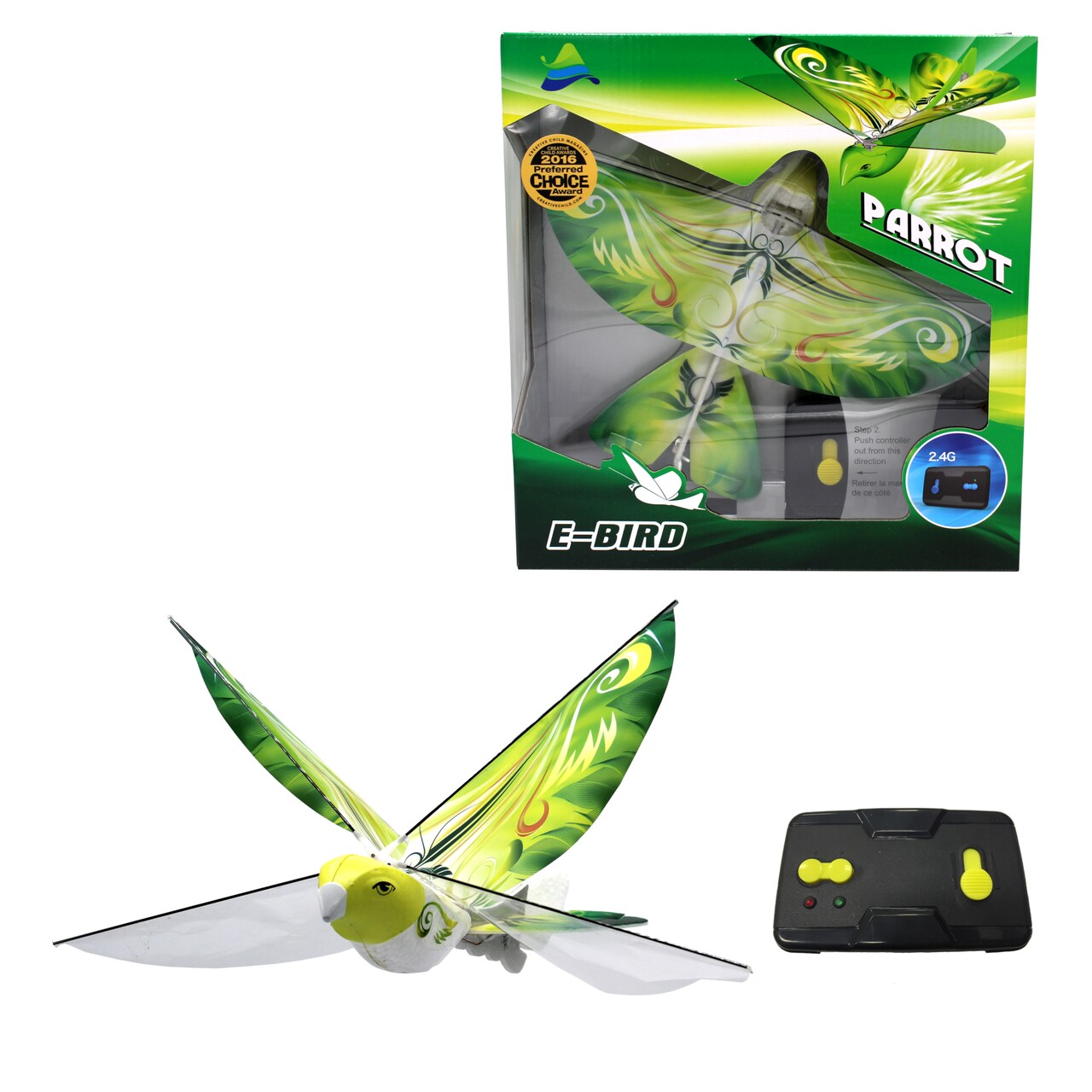 eBird Green Parrot - Creative Child Preferred Choice Award Winning Flying RC Toy - Remote Control Bionic Bird (Newest 2.4GHz Version Featuring USB Charging)